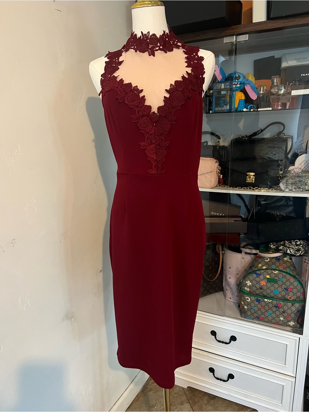 Entry Burgundy Lace-Trim Midi Dress